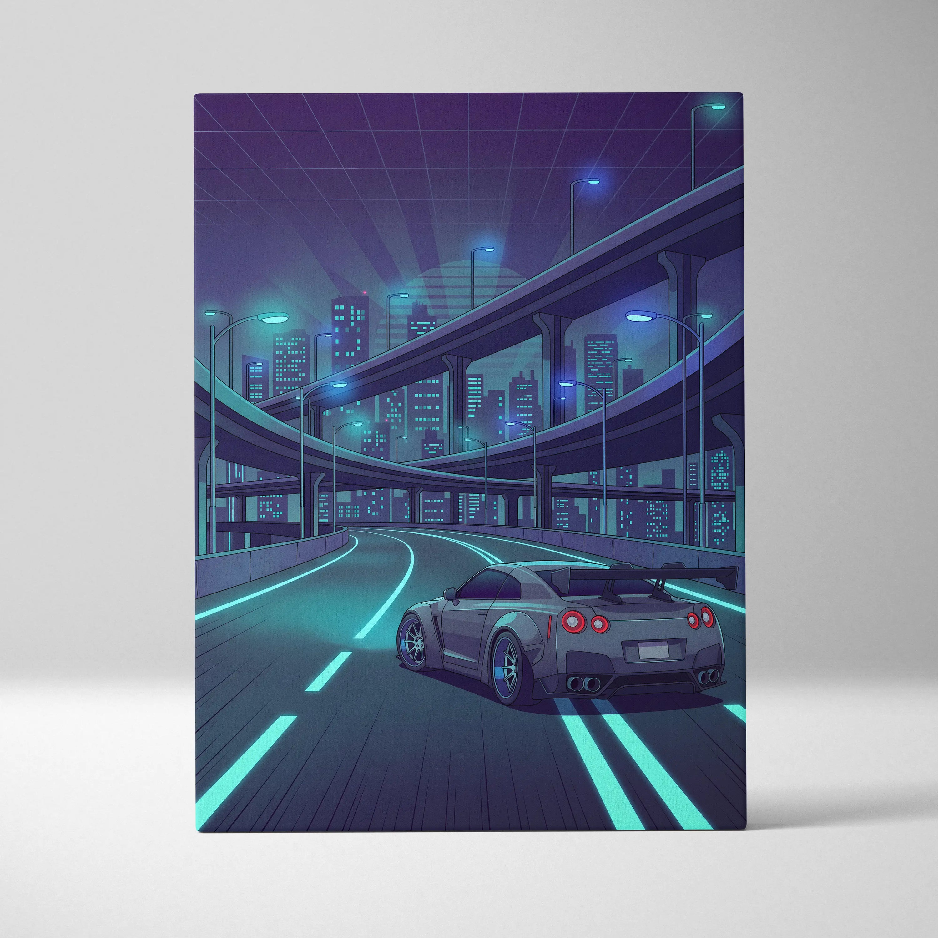 Nissan GT-R R35 Inspired Silver Teal Canvas Wall Art, Neon Vaporwave JDM Supercar Artwork for Cyberpunk City Garage Decor