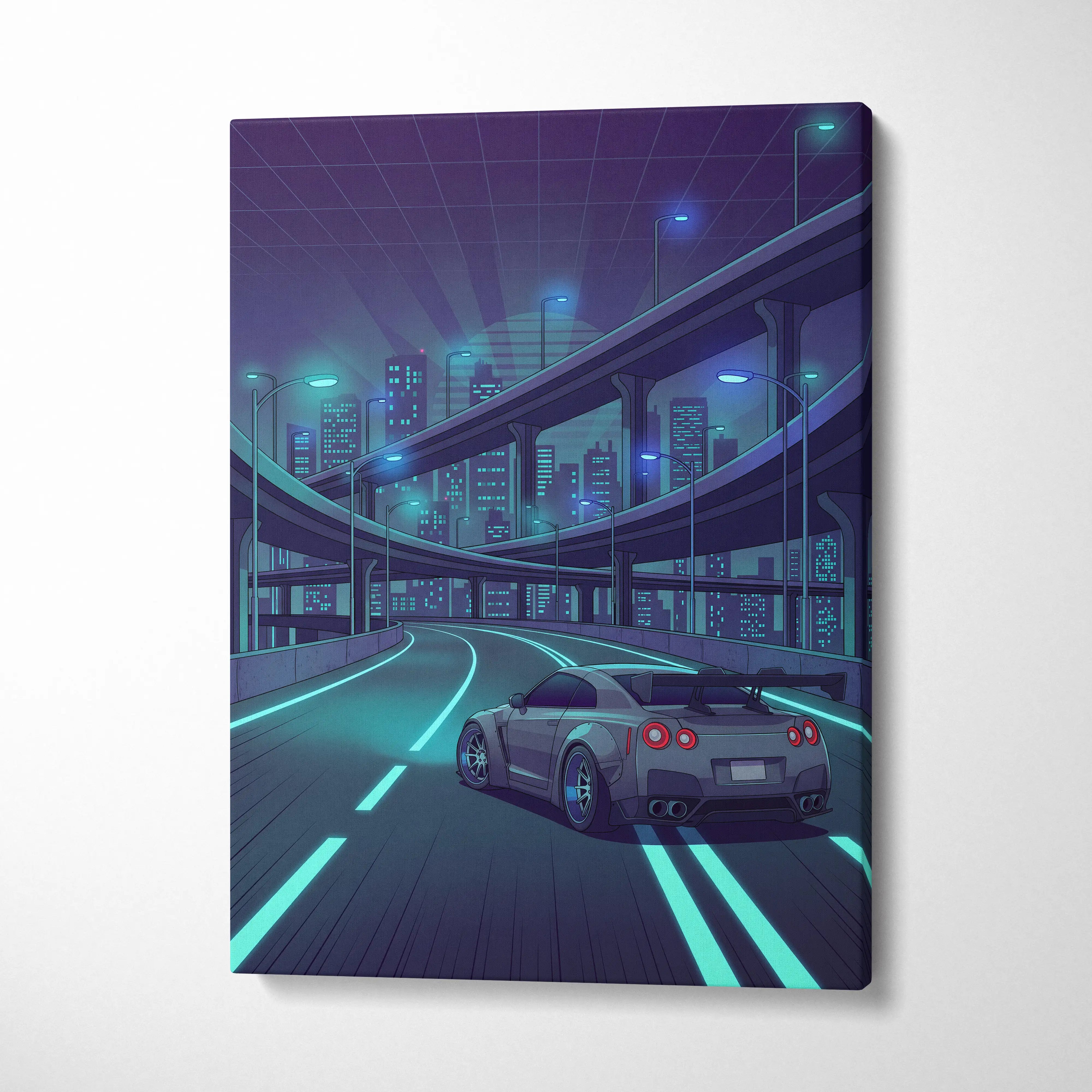 Nissan GT-R R35 Inspired Silver Teal Canvas Wall Art, Neon Vaporwave JDM Supercar Artwork for Cyberpunk City Garage Decor