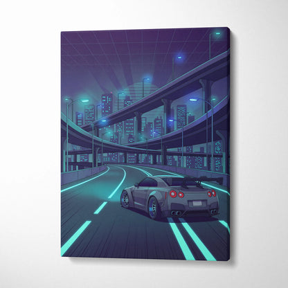 Nissan GT-R R35 Inspired Silver Teal Canvas Wall Art, Neon Vaporwave JDM Supercar Artwork for Cyberpunk City Garage Decor