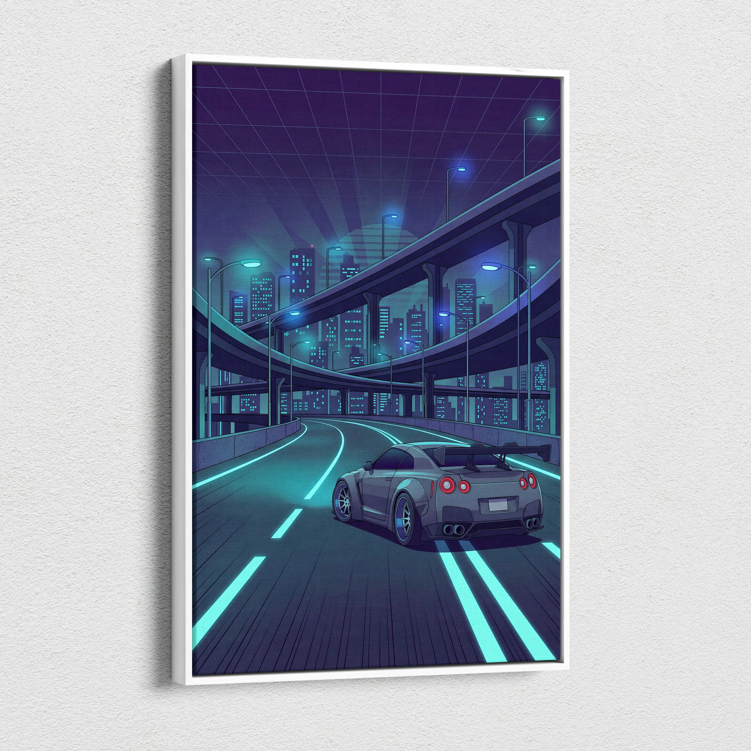 Nissan GT-R R35 Inspired Silver Teal Canvas Wall Art, Neon Vaporwave JDM Supercar Artwork for Cyberpunk City Garage Decor