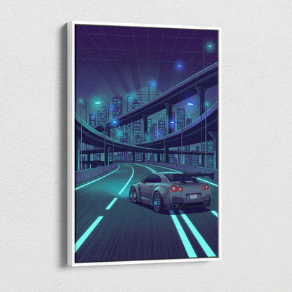 Nissan GT-R R35 Inspired Silver Teal Canvas Wall Art, Neon Vaporwave JDM Supercar Artwork for Cyberpunk City Garage Decor