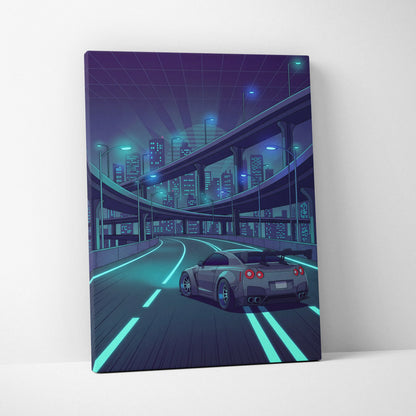 Nissan GT-R R35 Inspired Silver Teal Canvas Wall Art, Neon Vaporwave JDM Supercar Artwork for Cyberpunk City Garage Decor
