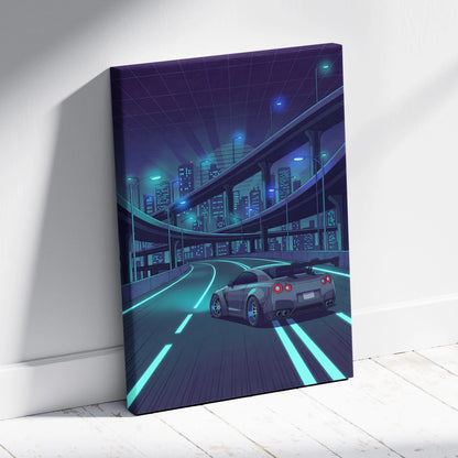 Nissan GT-R R35 Inspired Silver Teal Canvas Wall Art, Neon Vaporwave JDM Supercar Artwork for Cyberpunk City Garage Decor
