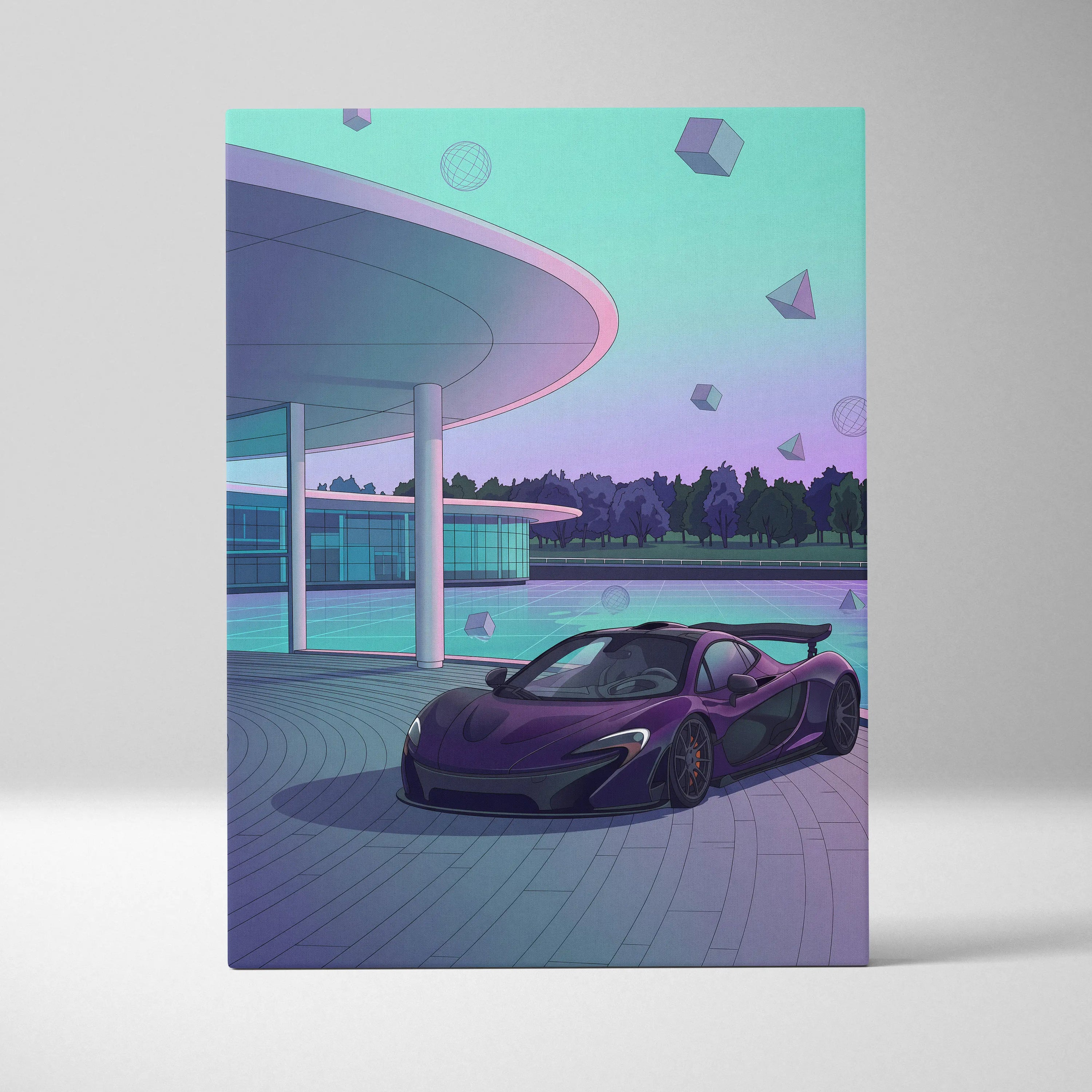 McLaren P1 Inspired Purple Teal Canvas Wall Art, Modern Vaporwave Hypercar Artwork for Garage Decor with Futuristic Luxury Mood