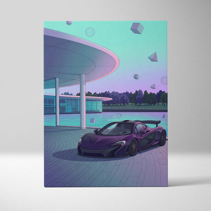 McLaren P1 Inspired Purple Teal Canvas Wall Art, Modern Vaporwave Hypercar Artwork for Garage Decor with Futuristic Luxury Mood