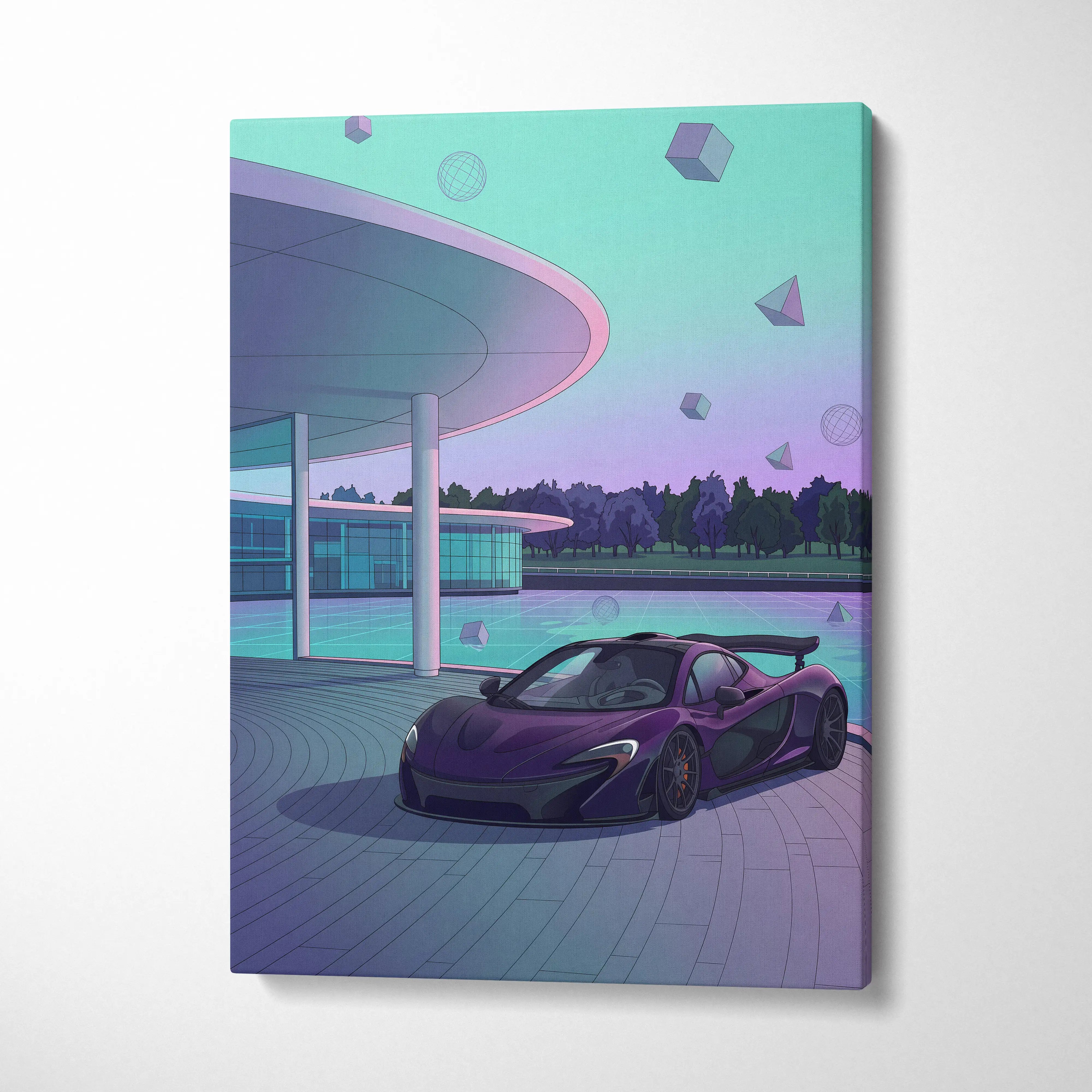 McLaren P1 Inspired Purple Teal Canvas Wall Art, Modern Vaporwave Hypercar Artwork for Garage Decor with Futuristic Luxury Mood