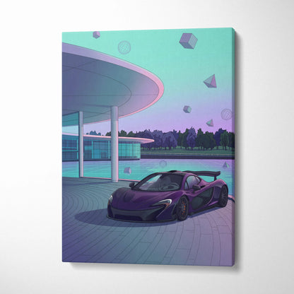 McLaren P1 Inspired Purple Teal Canvas Wall Art, Modern Vaporwave Hypercar Artwork for Garage Decor with Futuristic Luxury Mood
