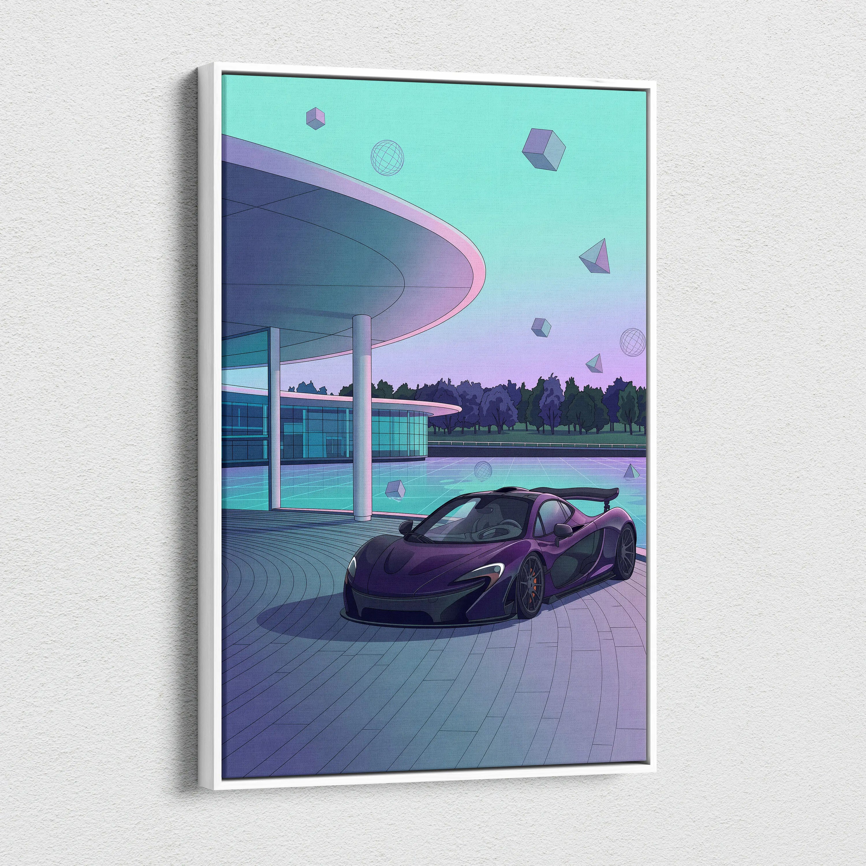 McLaren P1 Inspired Purple Teal Canvas Wall Art, Modern Vaporwave Hypercar Artwork for Garage Decor with Futuristic Luxury Mood
