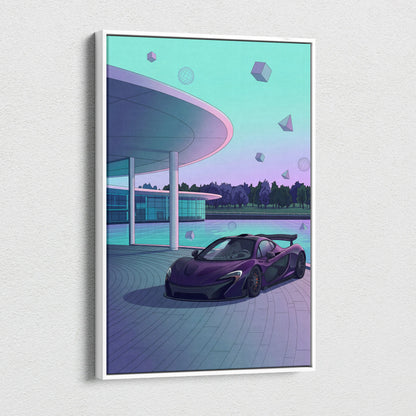 McLaren P1 Inspired Purple Teal Canvas Wall Art, Modern Vaporwave Hypercar Artwork for Garage Decor with Futuristic Luxury Mood