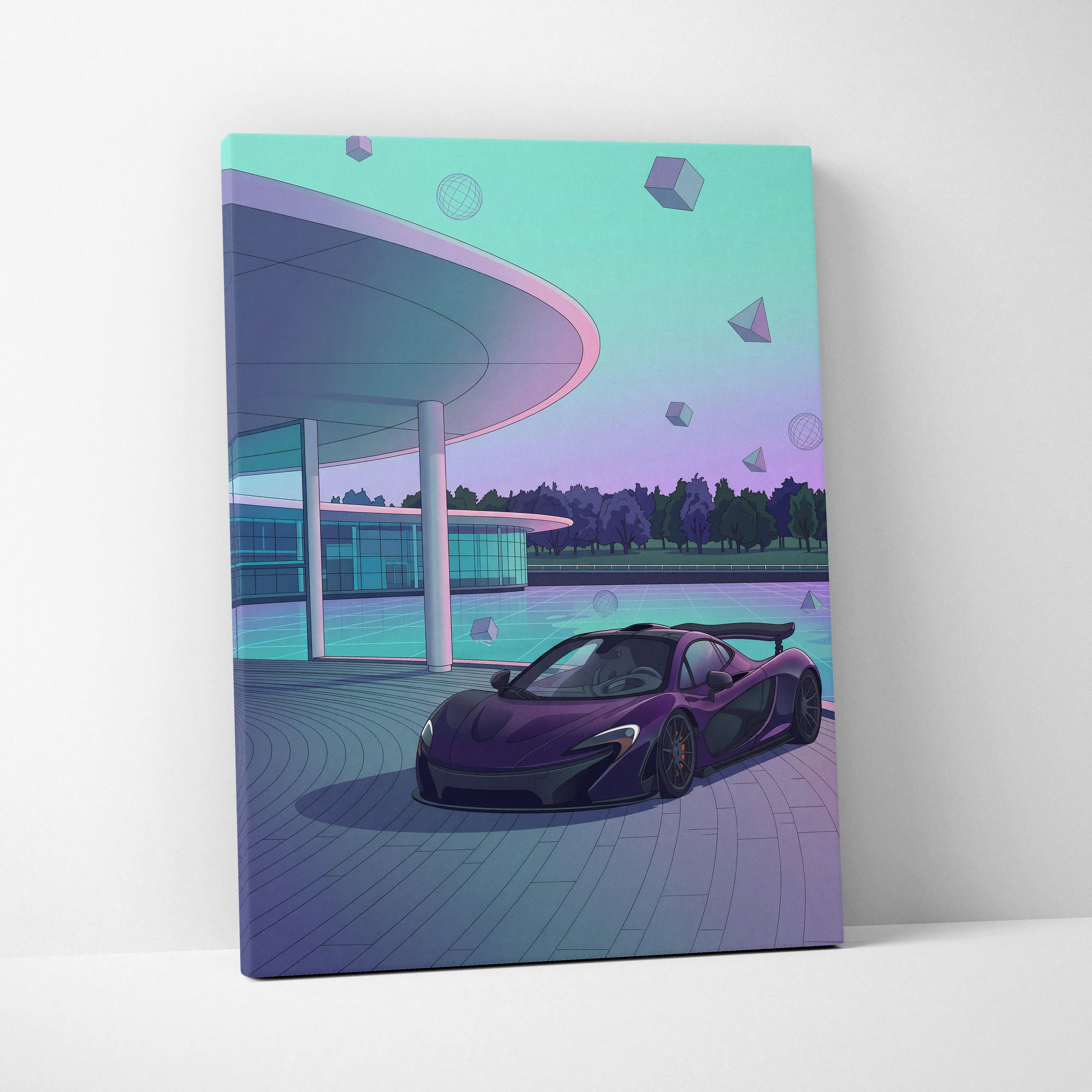 McLaren P1 Inspired Purple Teal Canvas Wall Art, Modern Vaporwave Hypercar Artwork for Garage Decor with Futuristic Luxury Mood