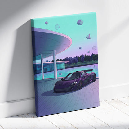 McLaren P1 Inspired Purple Teal Canvas Wall Art, Modern Vaporwave Hypercar Artwork for Garage Decor with Futuristic Luxury Mood
