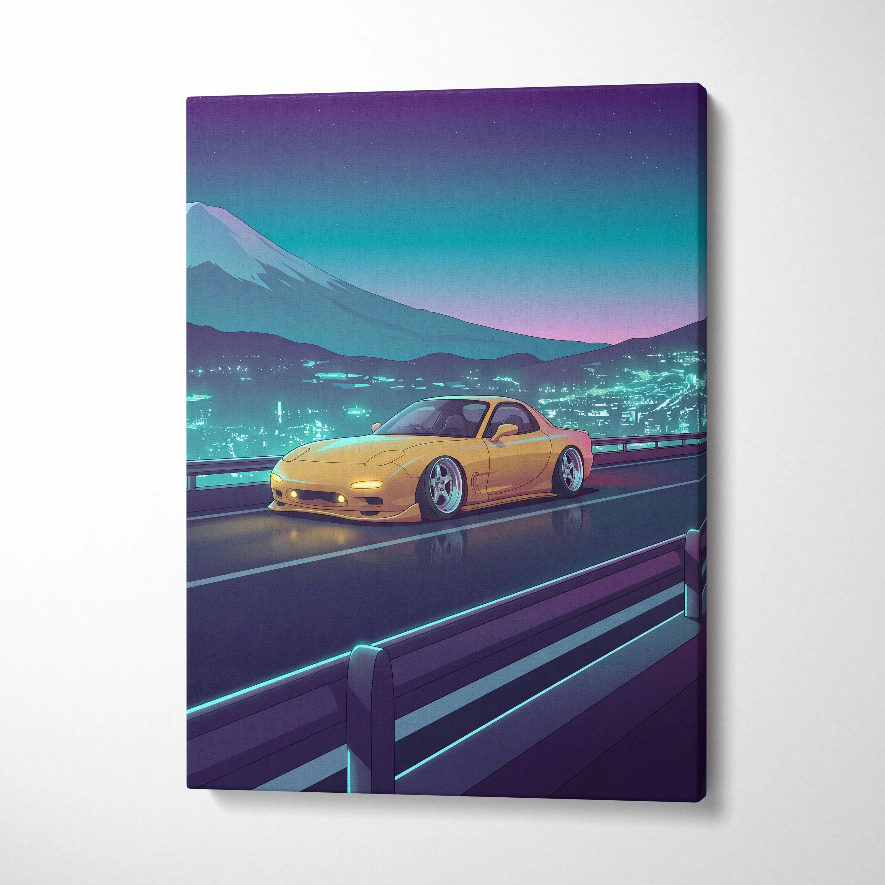 Mazda RX-7 FD Inspired Yellow Teal Canvas Wall Art Vaporwave JDM Sports Car Artwork Neon Mountain Road Garage Decor Retro Futuristic Night Print