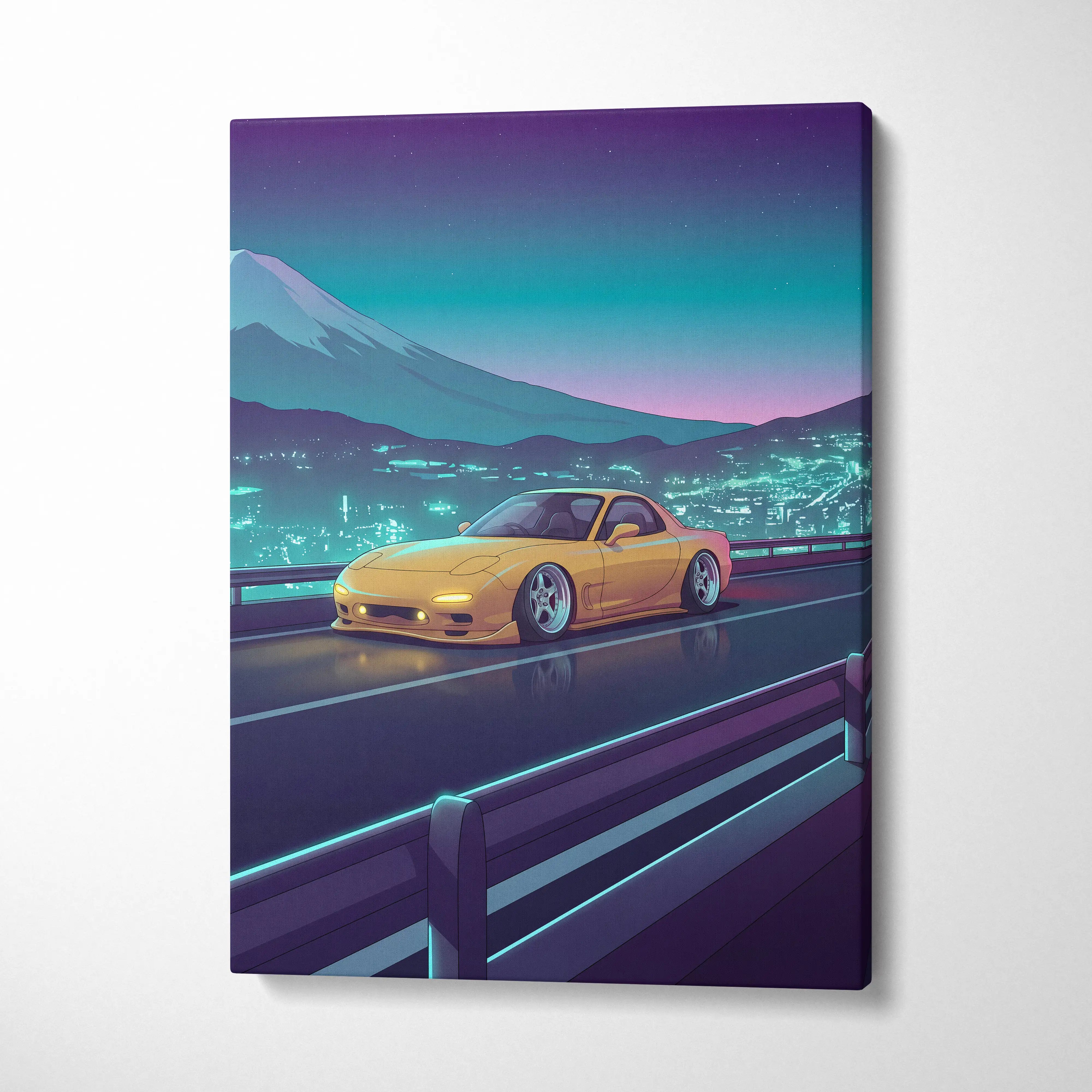 Mazda RX-7 FD Inspired Yellow Teal Canvas Wall Art Vaporwave JDM Sports Car Artwork Neon Mountain Road Garage Decor Retro Futuristic Night Print