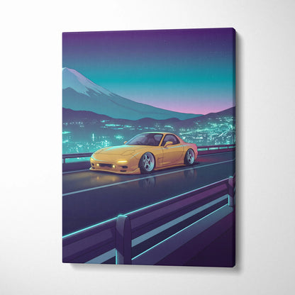 Mazda RX-7 FD Inspired Yellow Teal Canvas Wall Art Vaporwave JDM Sports Car Artwork Neon Mountain Road Garage Decor Retro Futuristic Night Print