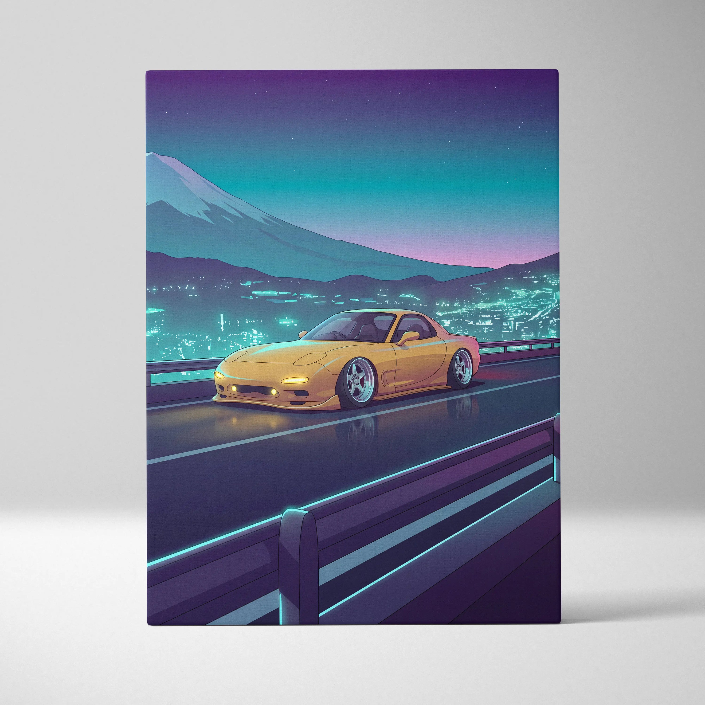 Mazda RX-7 FD Inspired Yellow Teal Canvas Wall Art Vaporwave JDM Sports Car Artwork Neon Mountain Road Garage Decor Retro Futuristic Night Print