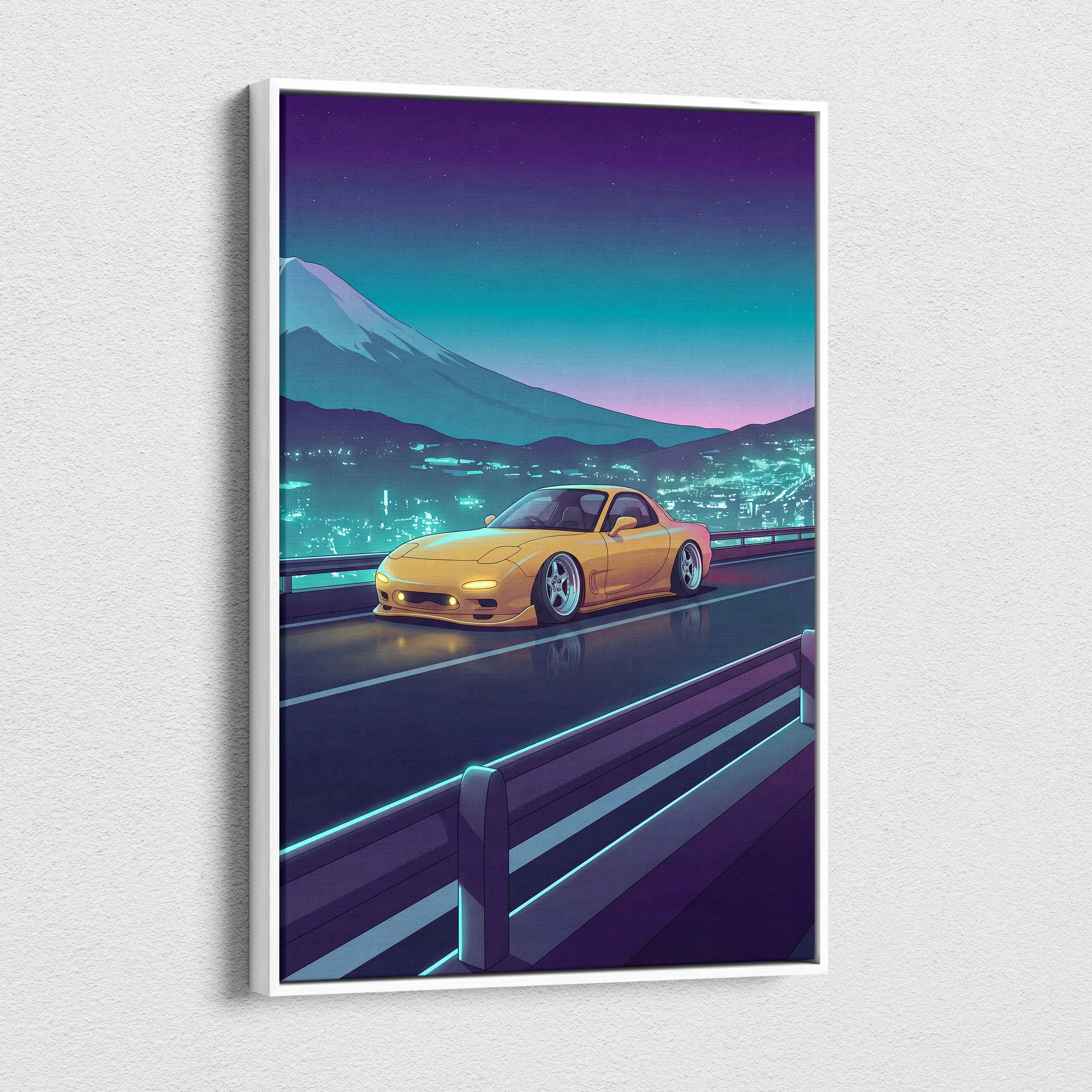 Mazda RX-7 FD Inspired Yellow Teal Canvas Wall Art Vaporwave JDM Sports Car Artwork Neon Mountain Road Garage Decor Retro Futuristic Night Print