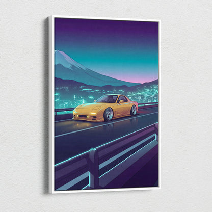 Mazda RX-7 FD Inspired Yellow Teal Canvas Wall Art Vaporwave JDM Sports Car Artwork Neon Mountain Road Garage Decor Retro Futuristic Night Print