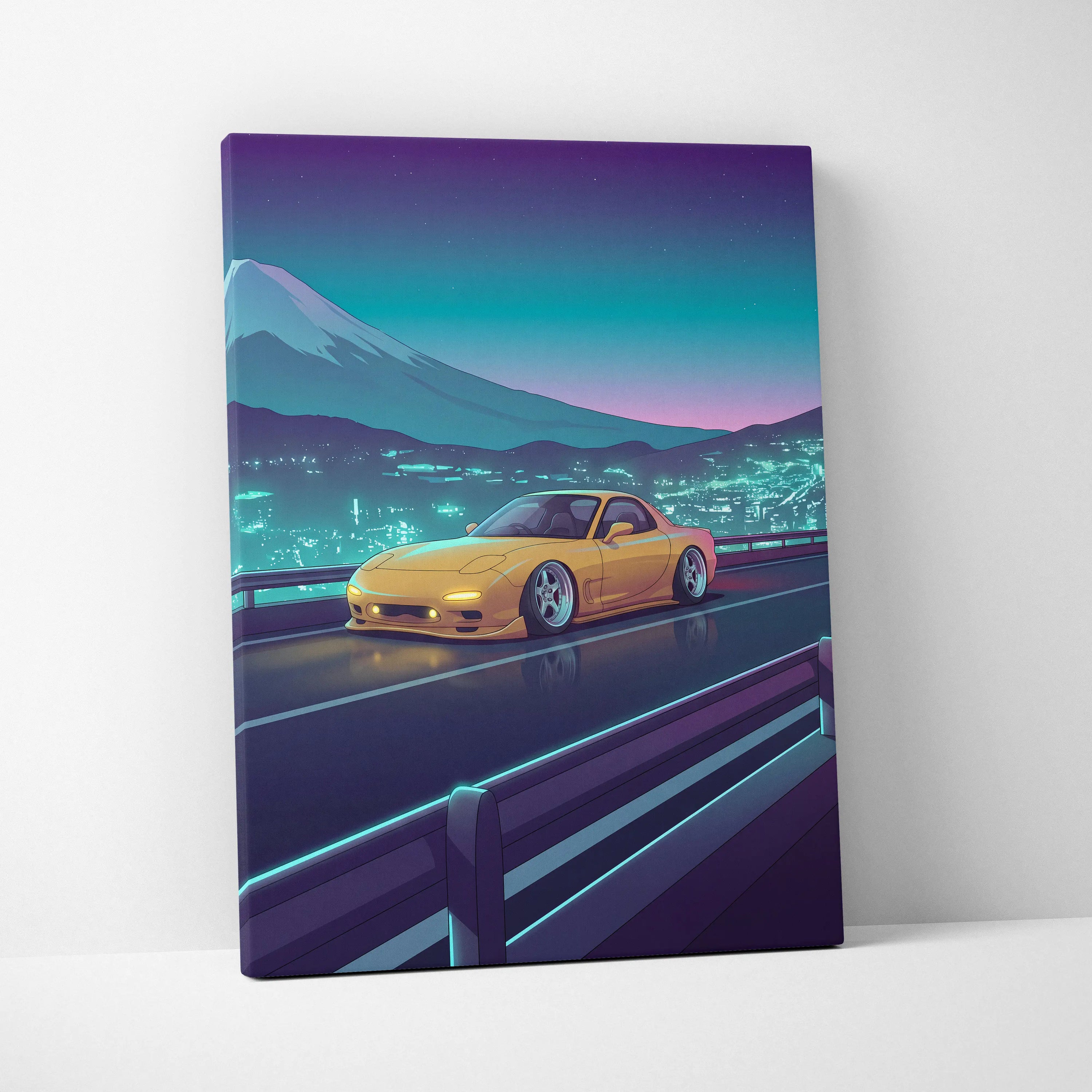 Mazda RX-7 FD Inspired Yellow Teal Canvas Wall Art Vaporwave JDM Sports Car Artwork Neon Mountain Road Garage Decor Retro Futuristic Night Print
