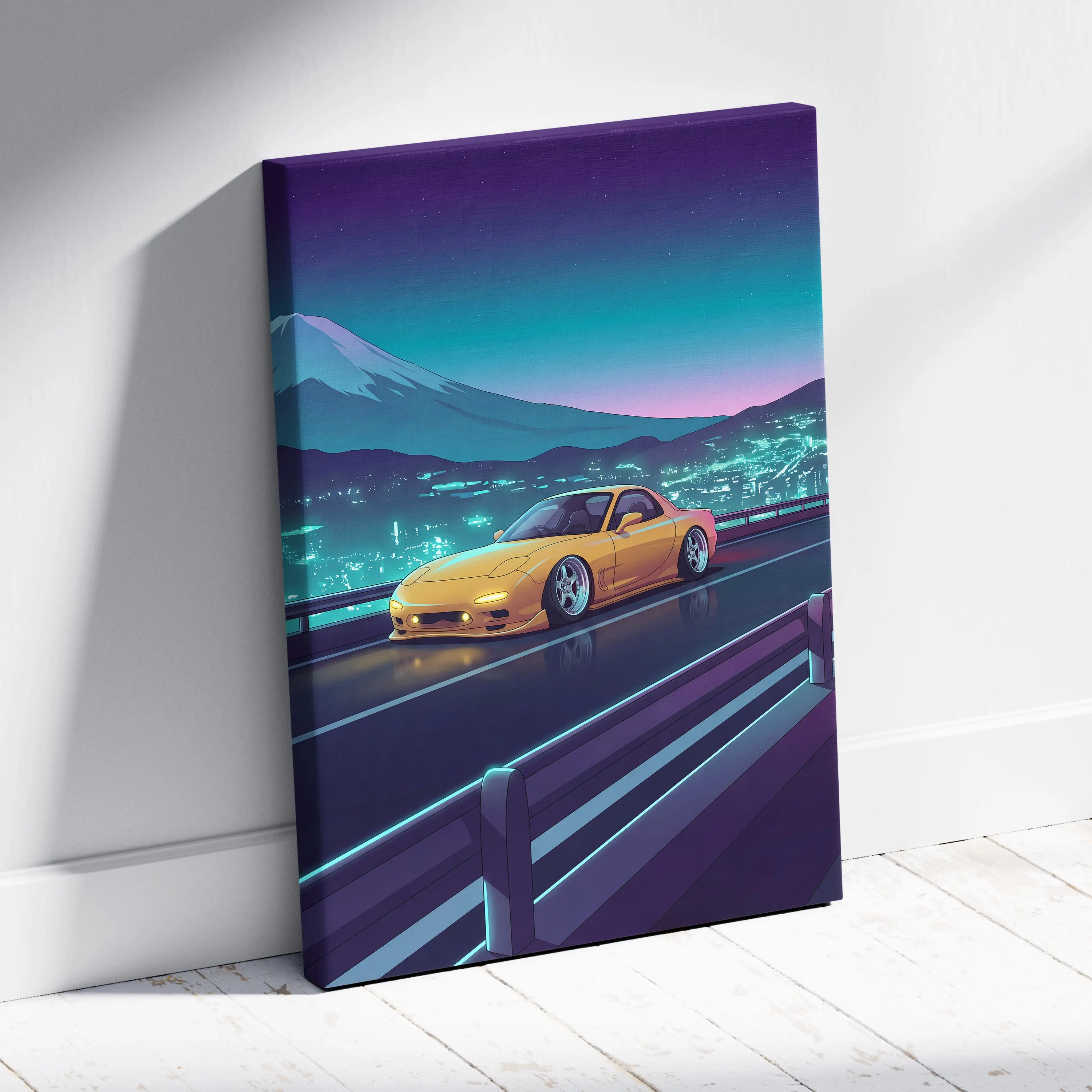 Mazda RX-7 FD Inspired Yellow Teal Canvas Wall Art Vaporwave JDM Sports Car Artwork Neon Mountain Road Garage Decor Retro Futuristic Night Print