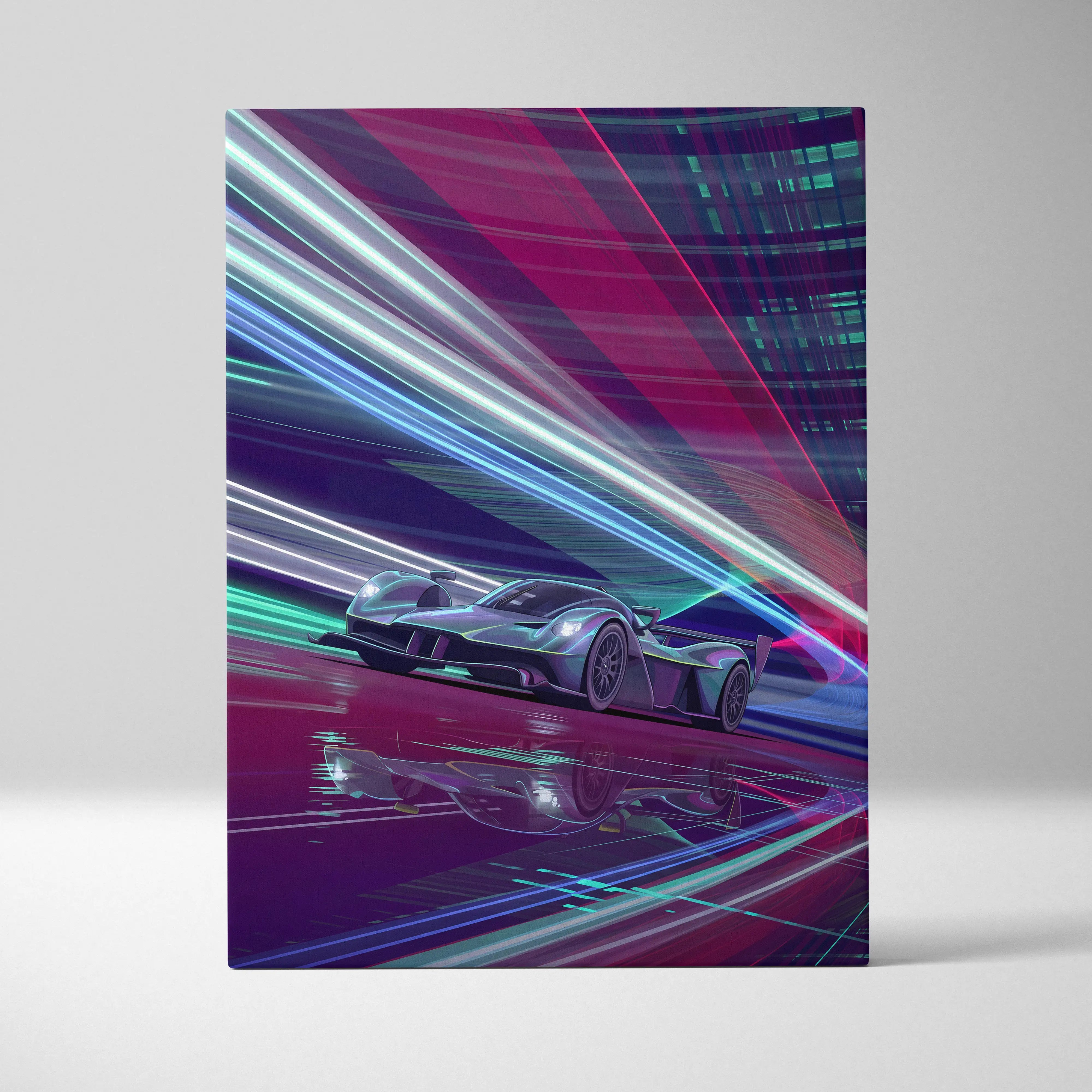 Aston Martin Valkyrie inspired canvas art featuring Nissan GT-R R35 black and silver racing through neon cityscape