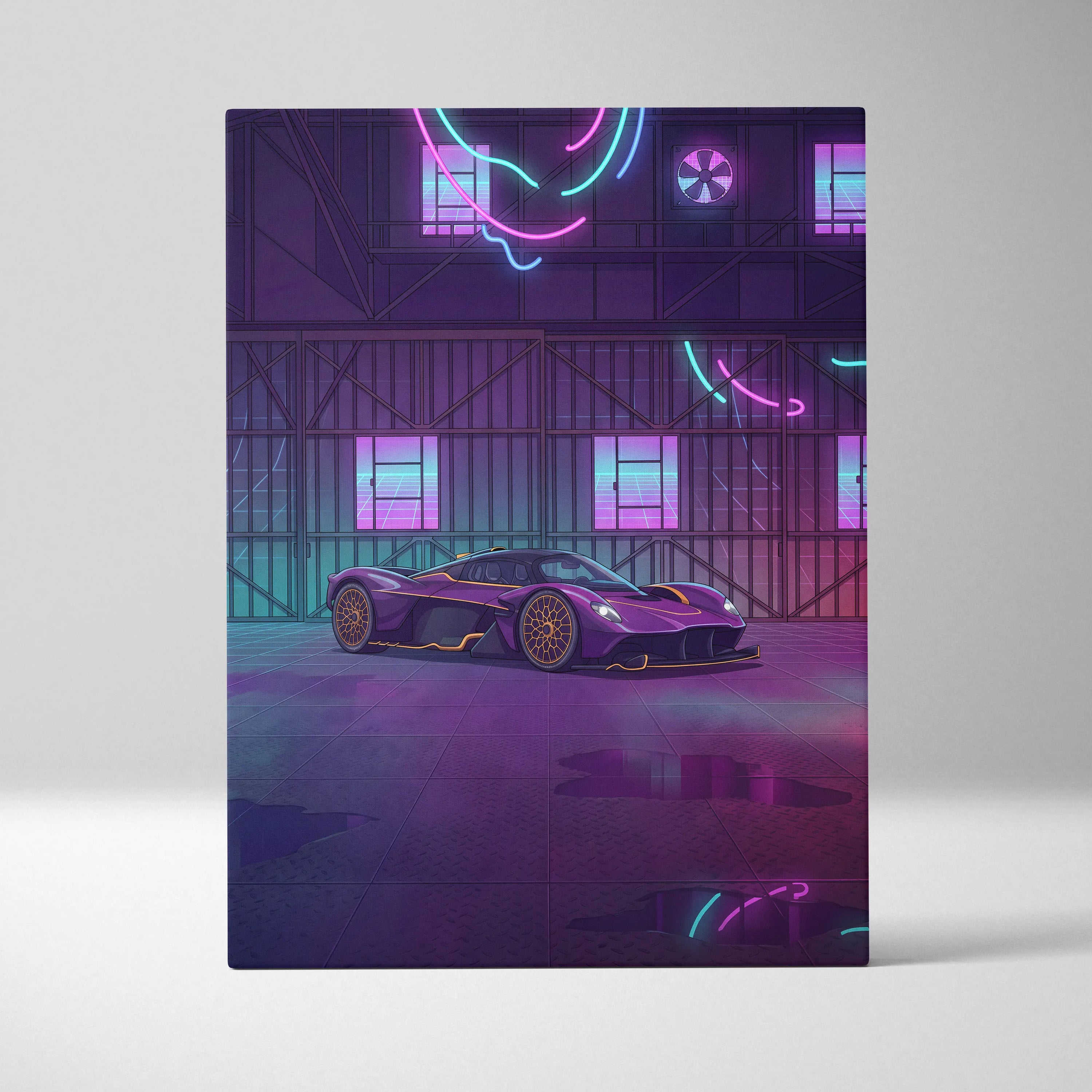 Aston Martin Valkyrie Inspired Vaporwave Car Canvas - Car Artwork Purple Pink Cyan Living Room Vaporwave Retro Futurism Neon Nostalgia Canvas