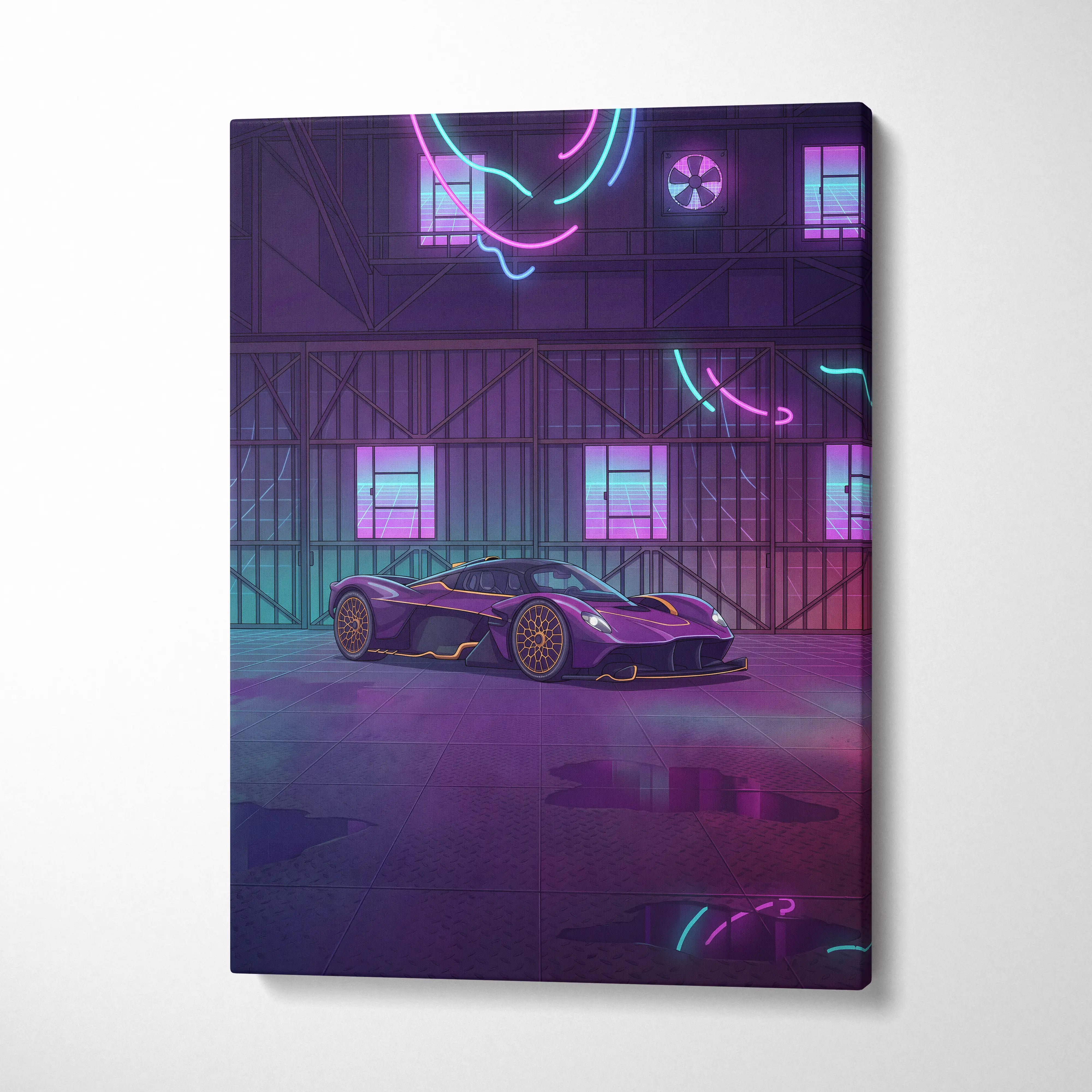 Aston Martin Valkyrie Inspired Vaporwave Car Canvas - Car Artwork Purple Pink Cyan Living Room Vaporwave Retro Futurism Neon Nostalgia Canvas