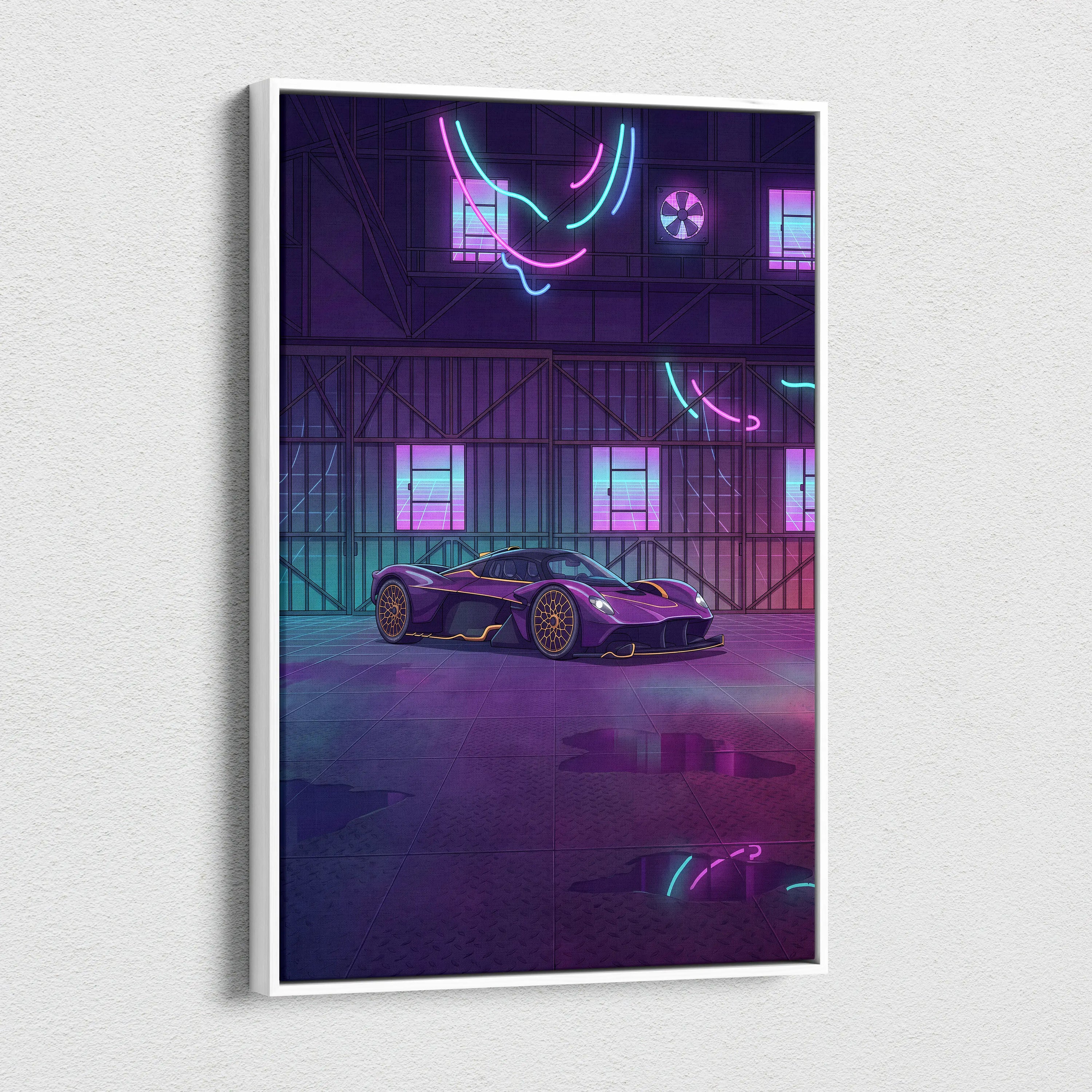 Aston Martin Valkyrie Inspired Vaporwave Car Canvas - Car Artwork Purple Pink Cyan Living Room Vaporwave Retro Futurism Neon Nostalgia Canvas