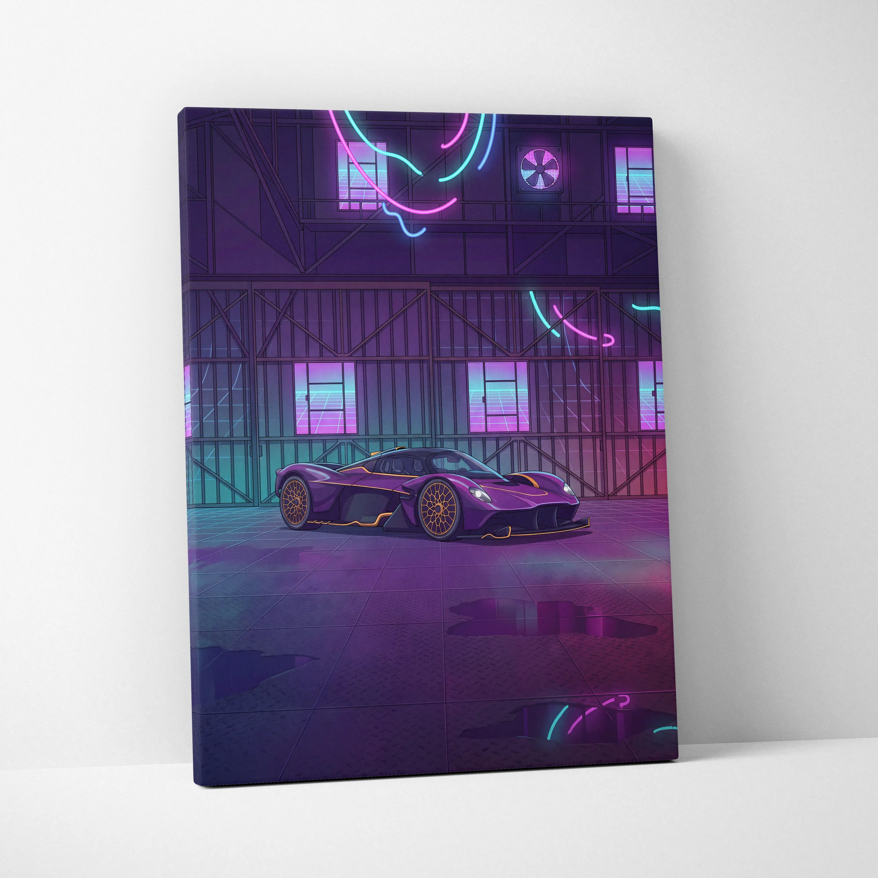Aston Martin Valkyrie Inspired Vaporwave Car Canvas - Car Artwork Purple Pink Cyan Living Room Vaporwave Retro Futurism Neon Nostalgia Canvas