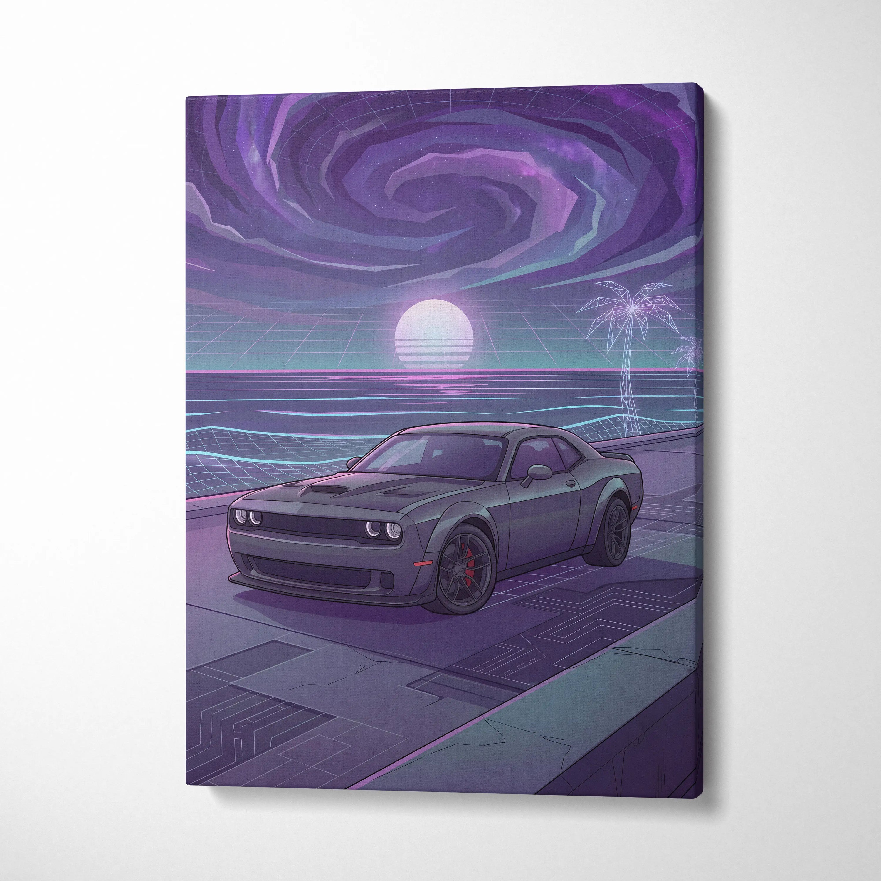 Dodge Challenger Inspired Gray Purple Canvas Wall Art, Vaporwave Muscle Car Artwork, Neon Sunset Garage Decor, Retro Futuristic Auto Print