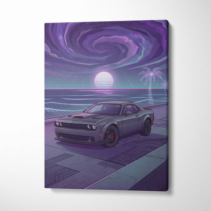 Dodge Challenger Inspired Gray Purple Canvas Wall Art, Vaporwave Muscle Car Artwork, Neon Sunset Garage Decor, Retro Futuristic Auto Print