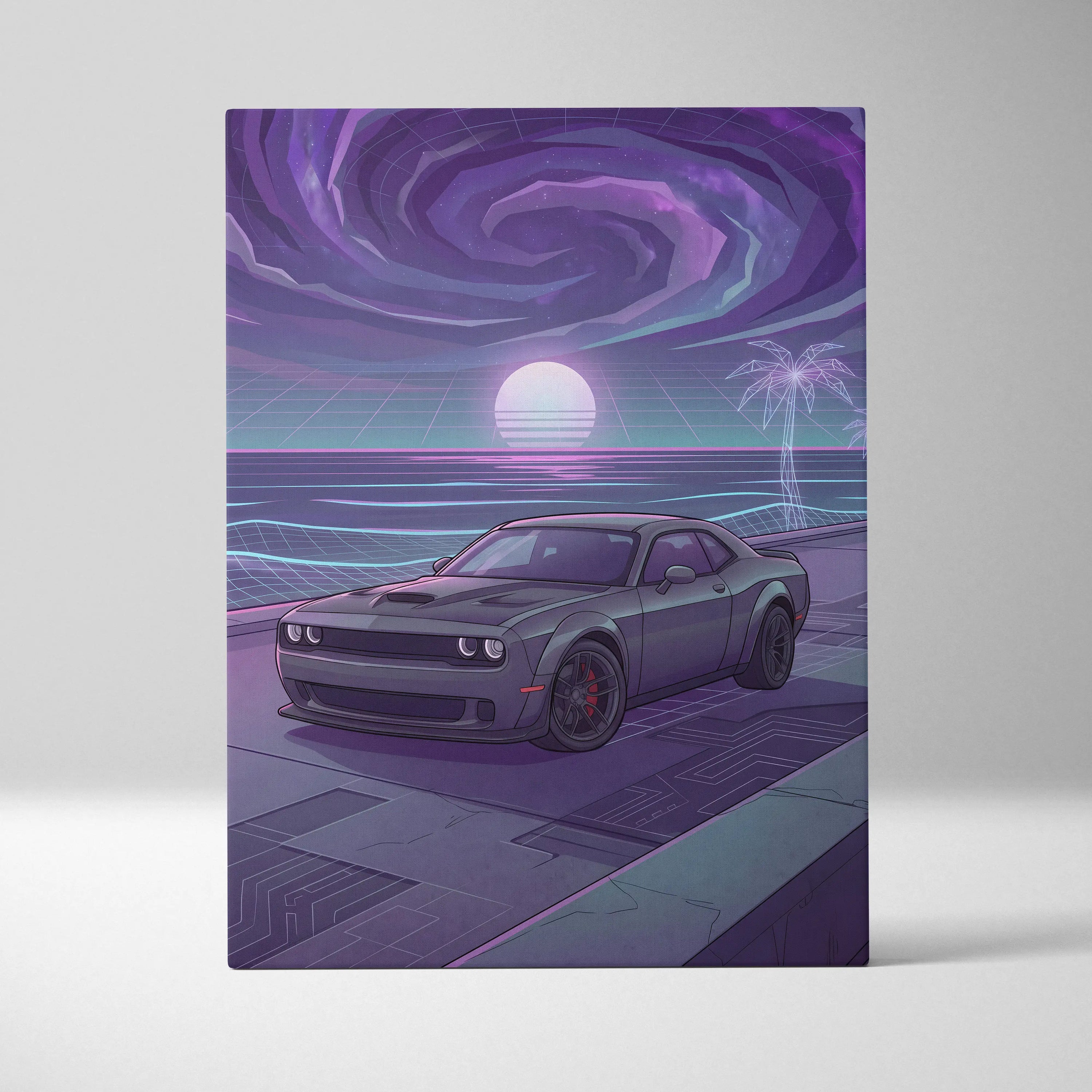 Dodge Challenger Inspired Gray Purple Canvas Wall Art, Vaporwave Muscle Car Artwork, Neon Sunset Garage Decor, Retro Futuristic Auto Print