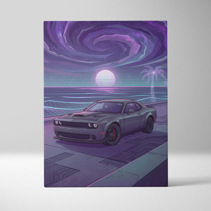 Dodge Challenger Inspired Gray Purple Canvas Wall Art, Vaporwave Muscle Car Artwork, Neon Sunset Garage Decor, Retro Futuristic Auto Print