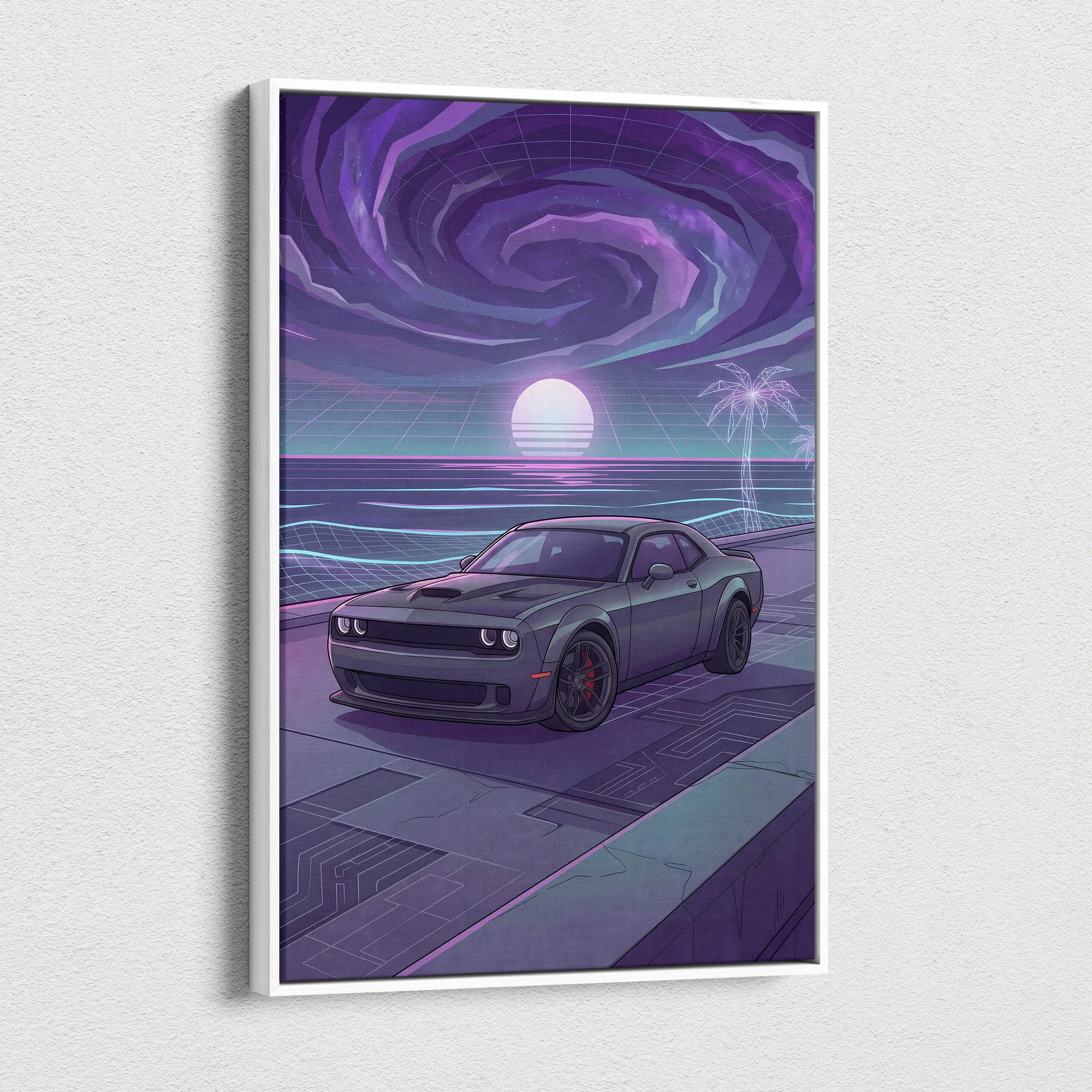 Dodge Challenger Inspired Gray Purple Canvas Wall Art, Vaporwave Muscle Car Artwork, Neon Sunset Garage Decor, Retro Futuristic Auto Print
