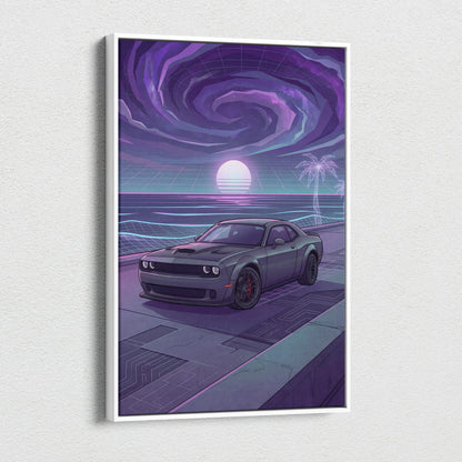 Dodge Challenger Inspired Gray Purple Canvas Wall Art, Vaporwave Muscle Car Artwork, Neon Sunset Garage Decor, Retro Futuristic Auto Print