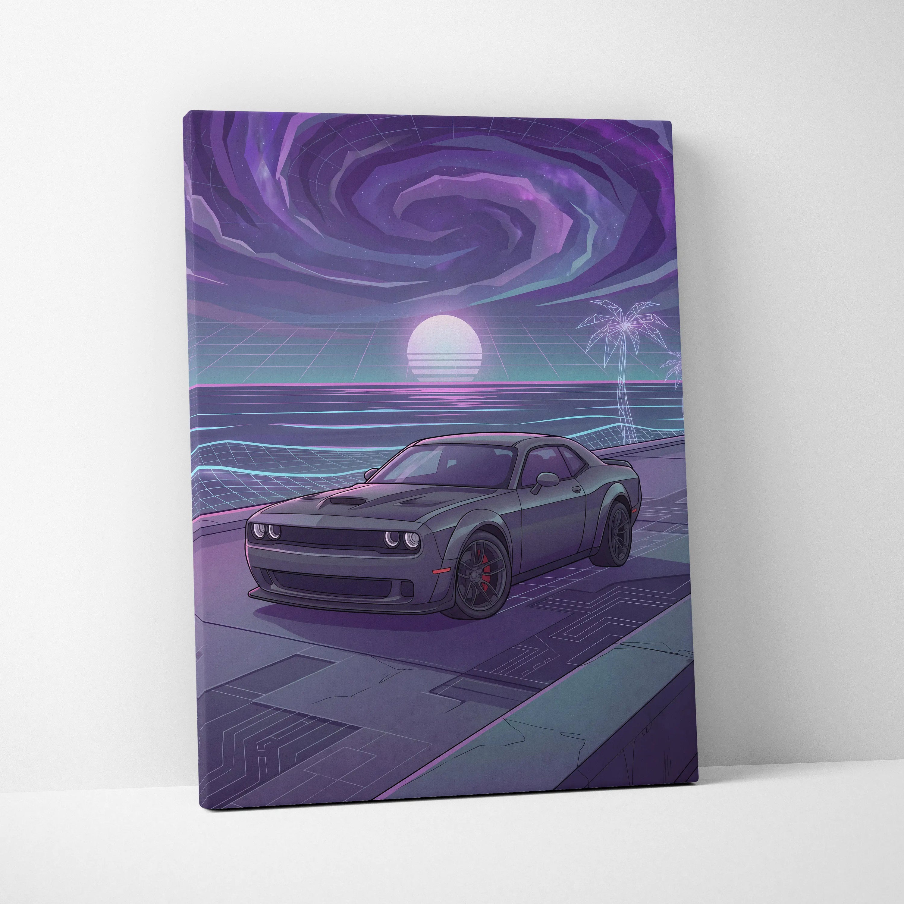 Dodge Challenger Inspired Gray Purple Canvas Wall Art, Vaporwave Muscle Car Artwork, Neon Sunset Garage Decor, Retro Futuristic Auto Print