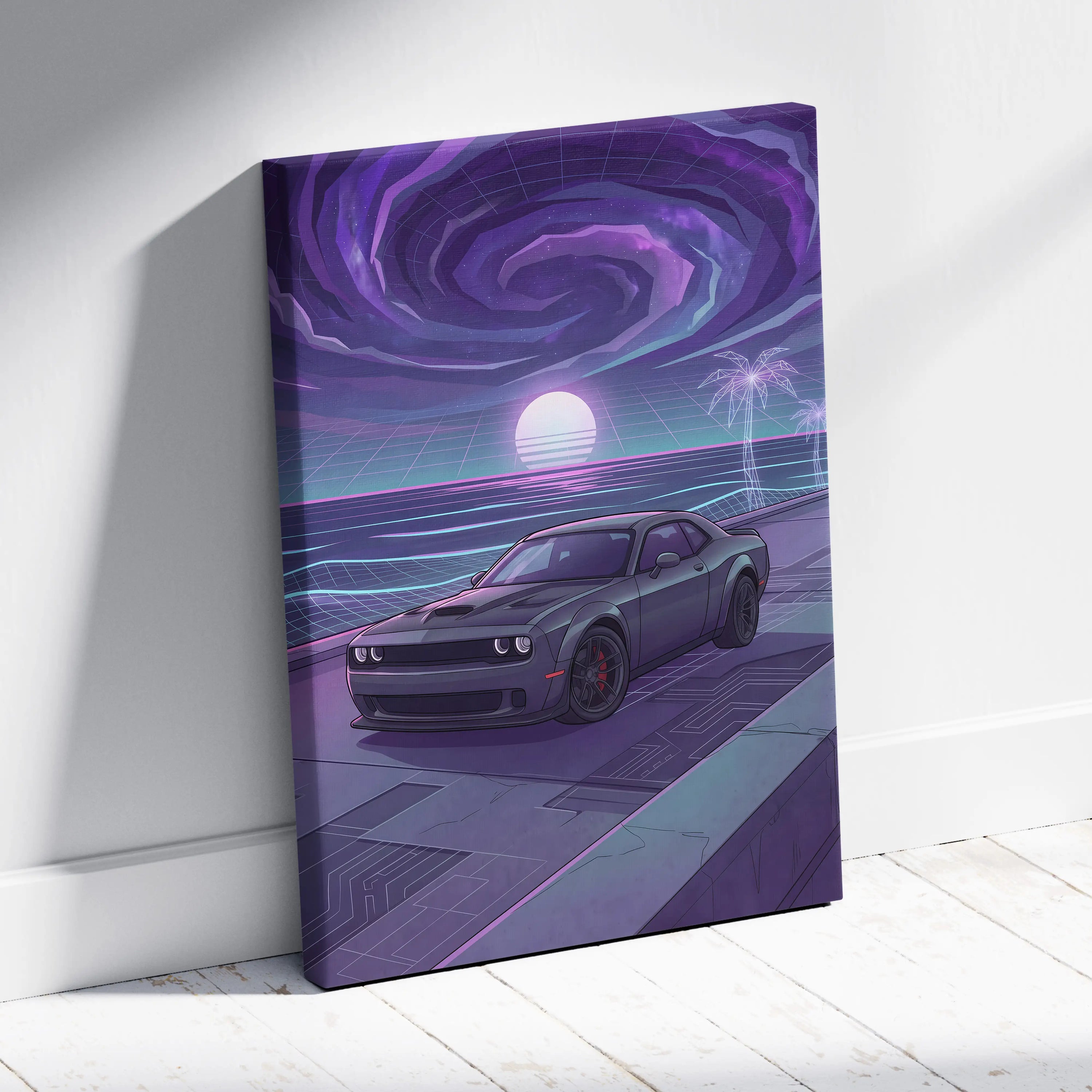 Dodge Challenger Inspired Gray Purple Canvas Wall Art, Vaporwave Muscle Car Artwork, Neon Sunset Garage Decor, Retro Futuristic Auto Print
