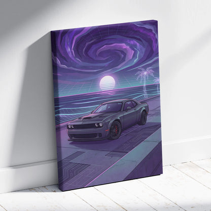 Dodge Challenger Inspired Gray Purple Canvas Wall Art, Vaporwave Muscle Car Artwork, Neon Sunset Garage Decor, Retro Futuristic Auto Print