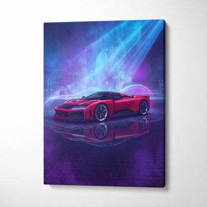 Ferrari F80 Inspired Red Blue Canvas Wall Art, Vaporwave Hypercar Artwork, Neon City Garage Decor, Retro Futuristic Motorsport Print