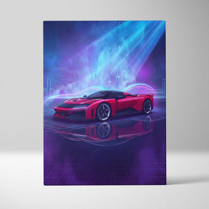 Ferrari F80 Inspired Red Blue Canvas Wall Art, Vaporwave Hypercar Artwork, Neon City Garage Decor, Retro Futuristic Motorsport Print