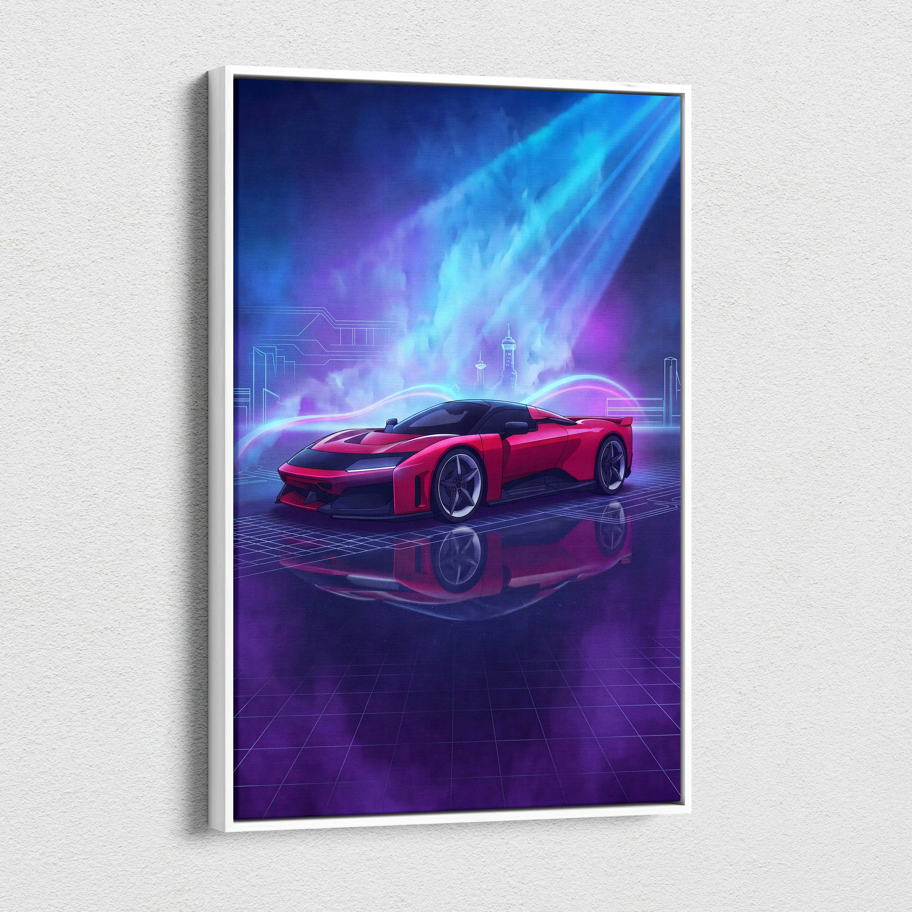 Ferrari F80 Inspired Red Blue Canvas Wall Art, Vaporwave Hypercar Artwork, Neon City Garage Decor, Retro Futuristic Motorsport Print