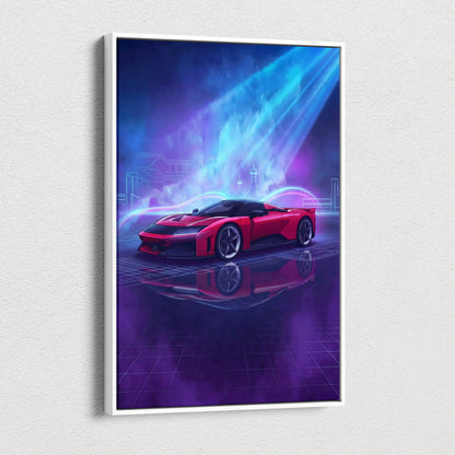 Ferrari F80 Inspired Red Blue Canvas Wall Art, Vaporwave Hypercar Artwork, Neon City Garage Decor, Retro Futuristic Motorsport Print