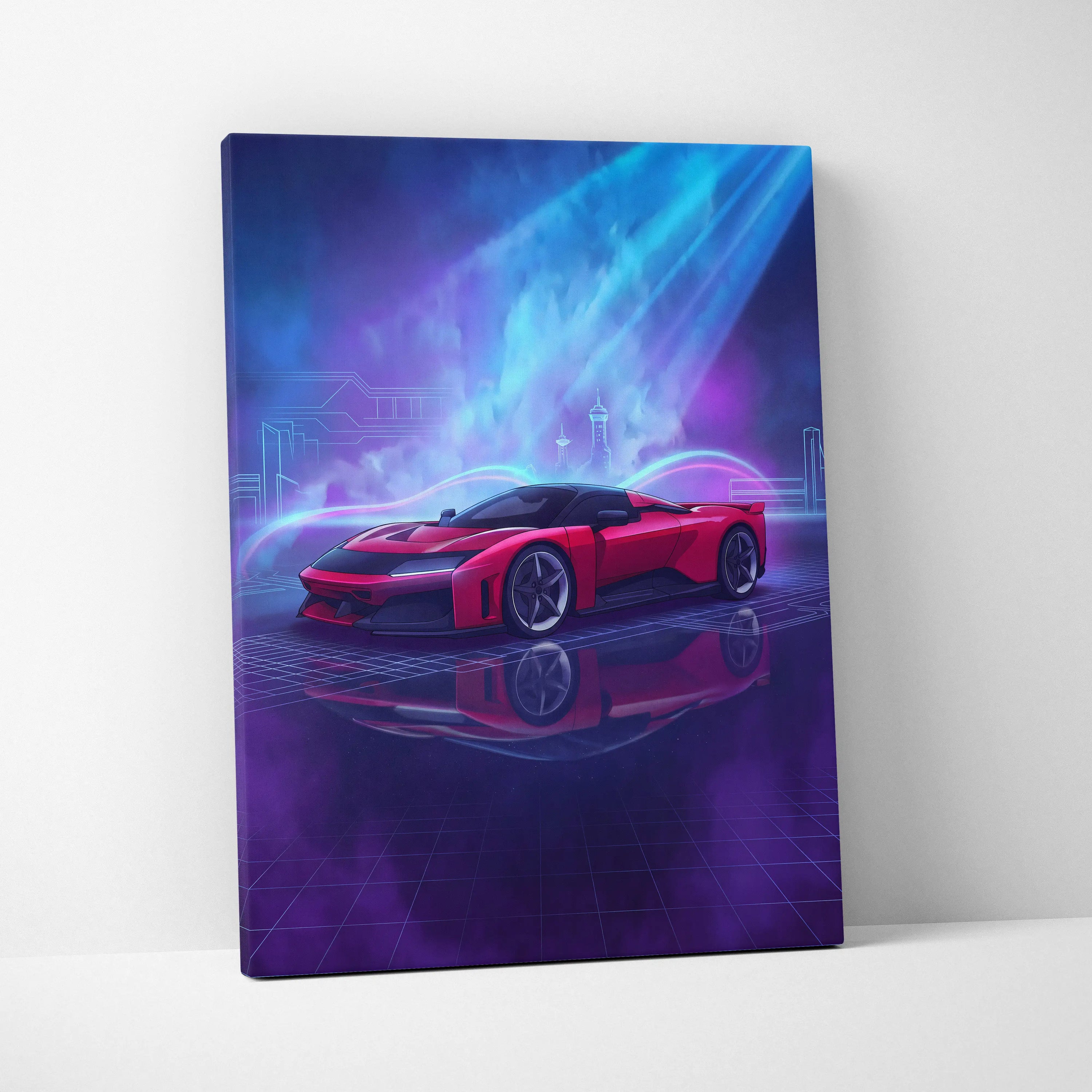 Ferrari F80 Inspired Red Blue Canvas Wall Art, Vaporwave Hypercar Artwork, Neon City Garage Decor, Retro Futuristic Motorsport Print
