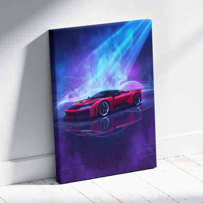 Ferrari F80 Inspired Red Blue Canvas Wall Art, Vaporwave Hypercar Artwork, Neon City Garage Decor, Retro Futuristic Motorsport Print