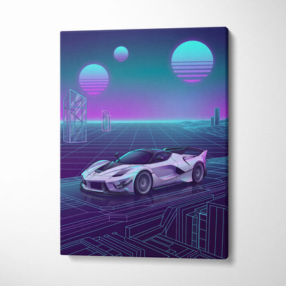 Ferrari FXX-K Evo Inspired White Purple Canvas Wall Art, Vaporwave Hypercar Artwork, Neon Grid Garage Decor, Retro Futuristic Exotic Car Print