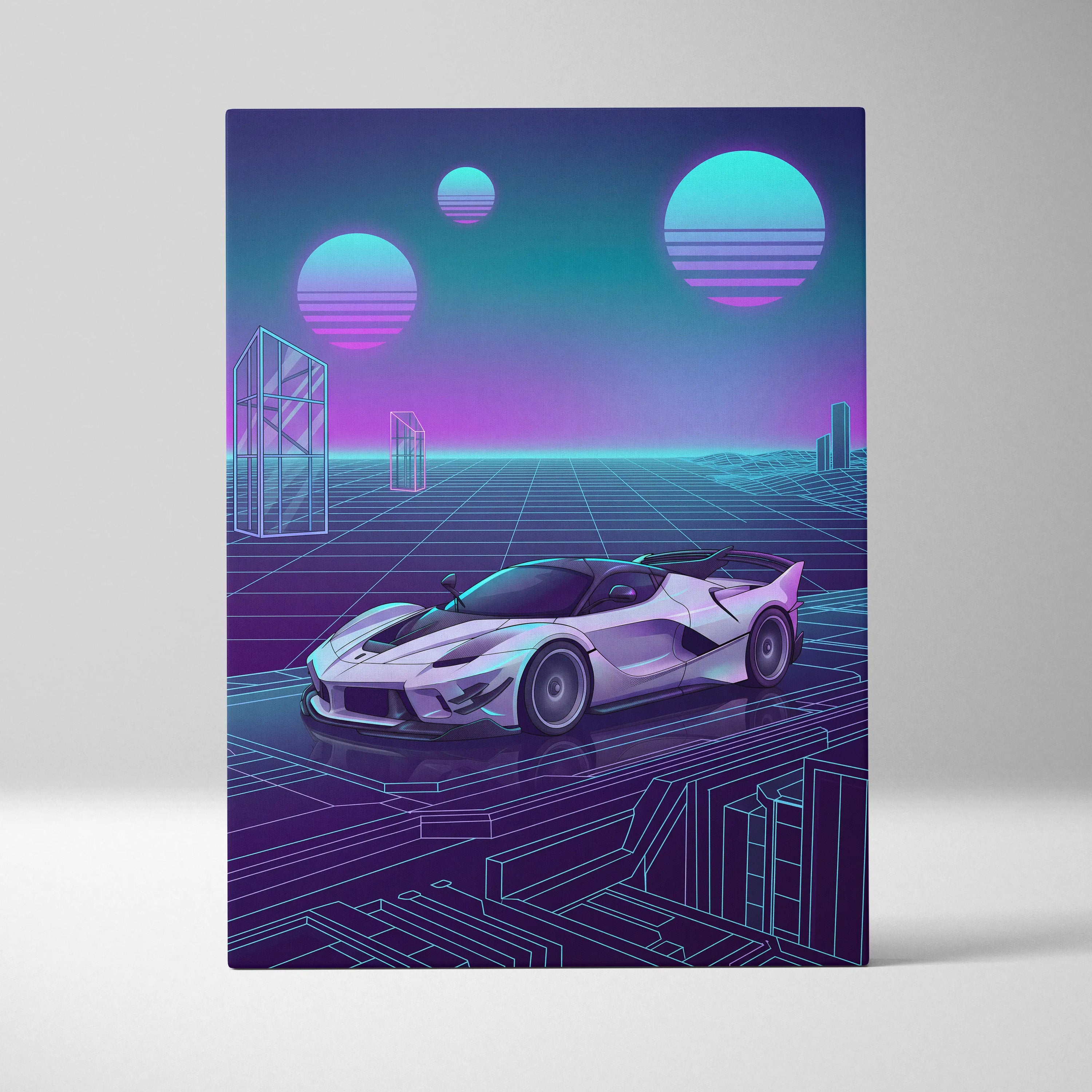 Ferrari FXX-K Evo Inspired White Purple Canvas Wall Art, Vaporwave Hypercar Artwork, Neon Grid Garage Decor, Retro Futuristic Exotic Car Print
