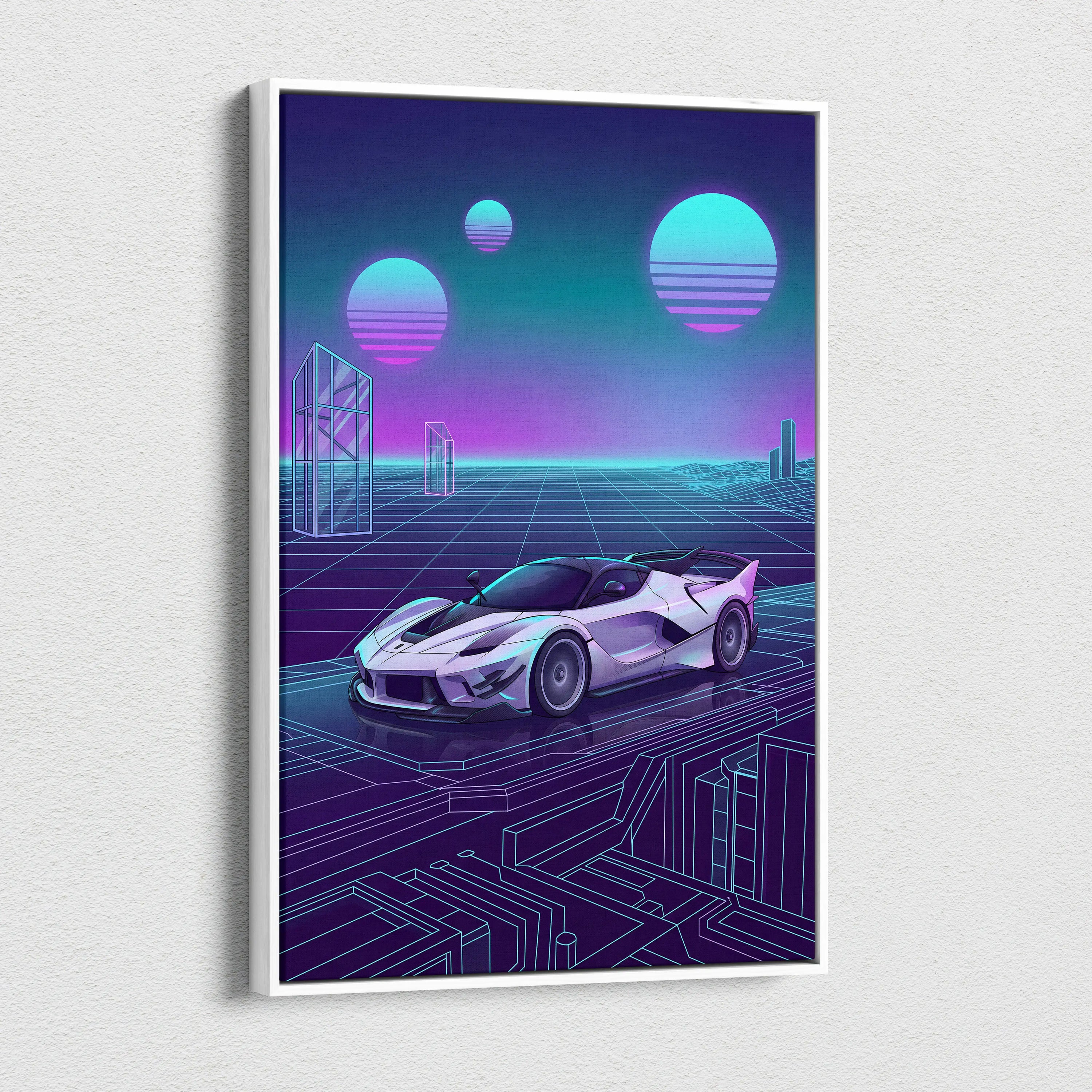 Ferrari FXX-K Evo Inspired White Purple Canvas Wall Art, Vaporwave Hypercar Artwork, Neon Grid Garage Decor, Retro Futuristic Exotic Car Print