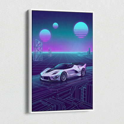 Ferrari FXX-K Evo Inspired White Purple Canvas Wall Art, Vaporwave Hypercar Artwork, Neon Grid Garage Decor, Retro Futuristic Exotic Car Print
