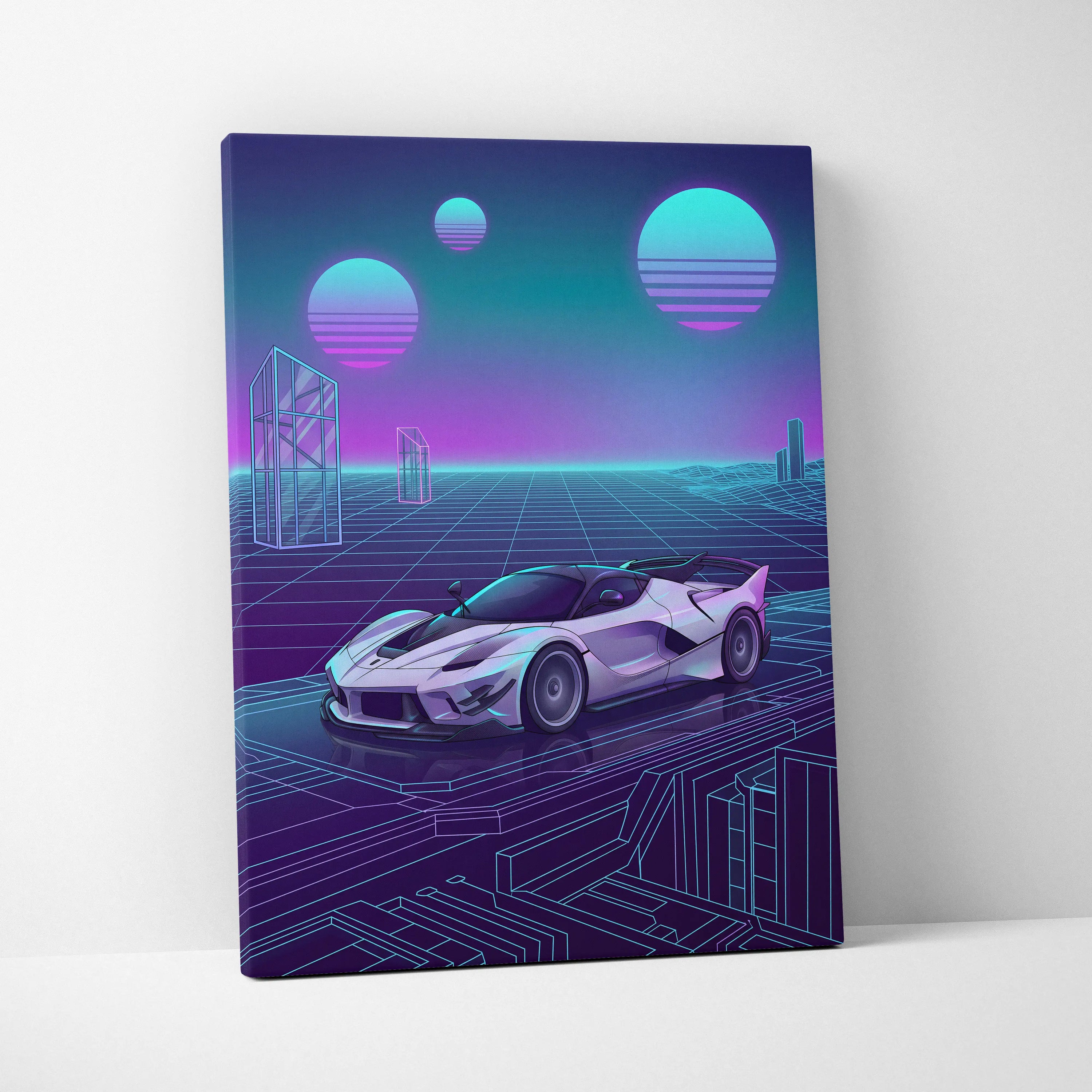 Ferrari FXX-K Evo Inspired White Purple Canvas Wall Art, Vaporwave Hypercar Artwork, Neon Grid Garage Decor, Retro Futuristic Exotic Car Print