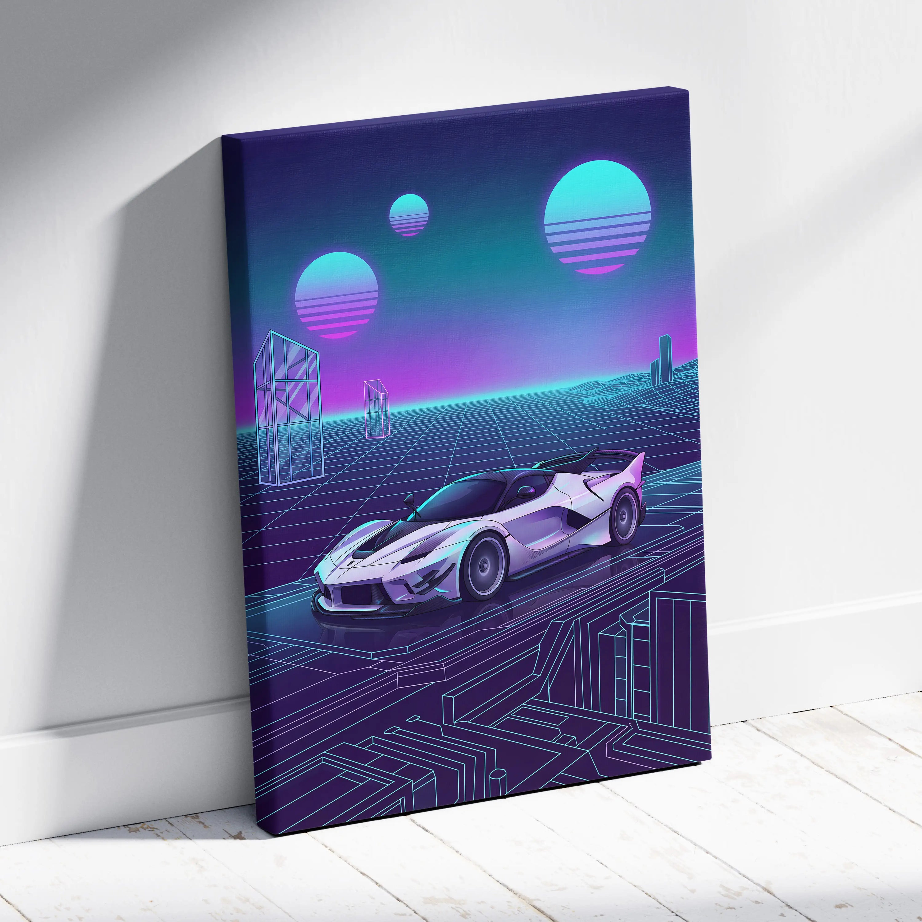 Ferrari FXX-K Evo Inspired White Purple Canvas Wall Art, Vaporwave Hypercar Artwork, Neon Grid Garage Decor, Retro Futuristic Exotic Car Print
