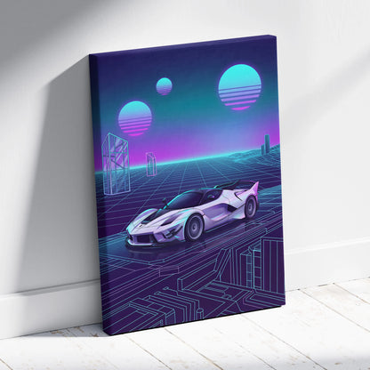 Ferrari FXX-K Evo Inspired White Purple Canvas Wall Art, Vaporwave Hypercar Artwork, Neon Grid Garage Decor, Retro Futuristic Exotic Car Print